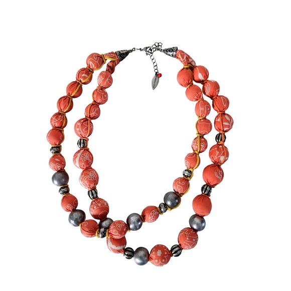 Coldwater Creek Jewelry - Vintage Coldwater Creek Orange Fabric Wrapped Bead Necklace Silver Boho‎ 90s